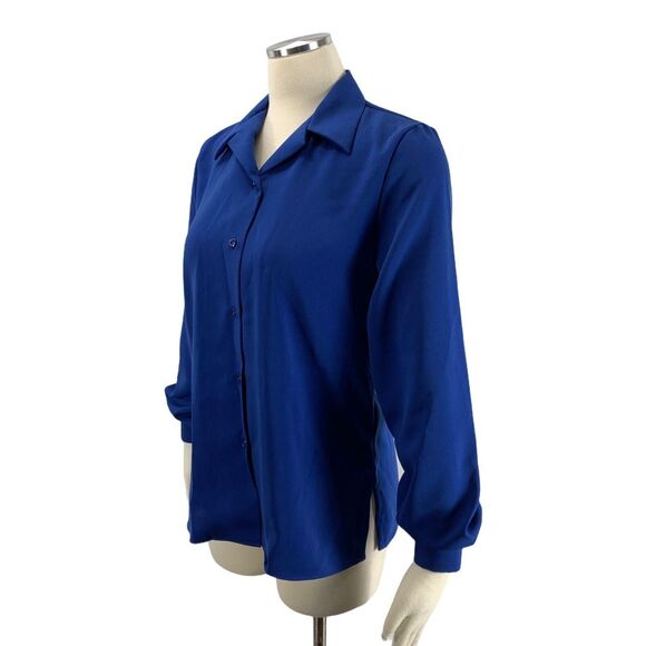 Linden Grey Small Blue Button Front Blouse Career Workwear Work - Picture 2 of 3